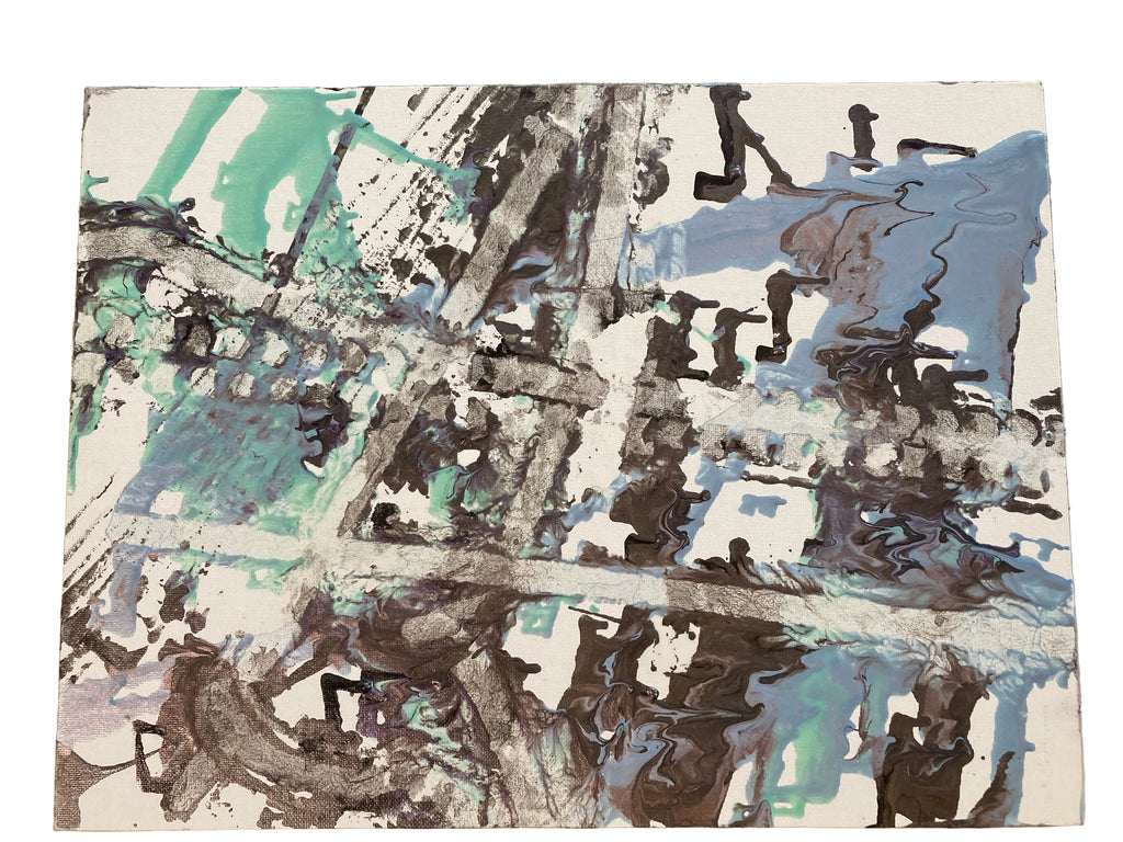 Abstract art piece with black, white, and blue patterns on a textured surface 