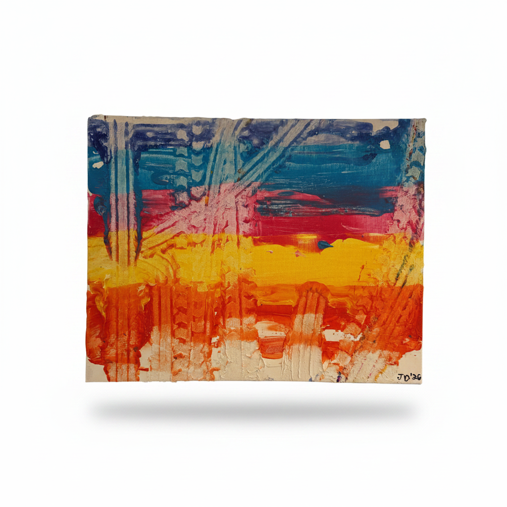 An abstract expressionist painting with thick impasto brushstrokes in blue, red, yellow, orange, and white, displayed on a window ledge outdoors.