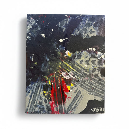 An abstract square canvas painting featuring a dark, textured composition with black, gray, white, and red paint splatters and strokes, displayed on a white background with a small wooden stand visible at the bottom.