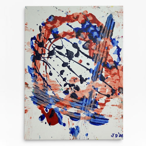 An abstract canvas painting featuring expressive splatters and brushstrokes in red, blue, black, and white, signed 'JD'26' in the lower right corner.