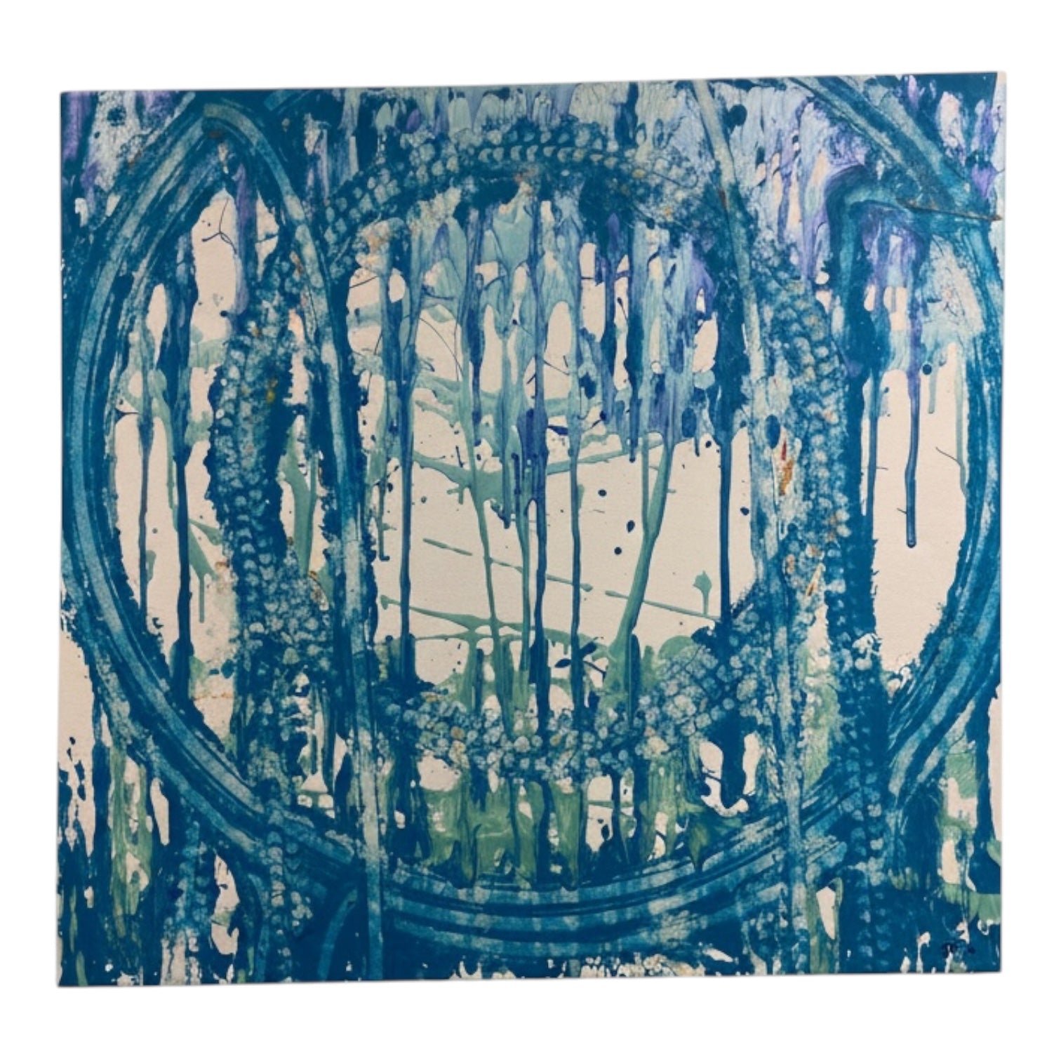 Abstract square canvas art print featuring a circular motif with dripping paint in shades of blue, teal, and purple over a cream background.
