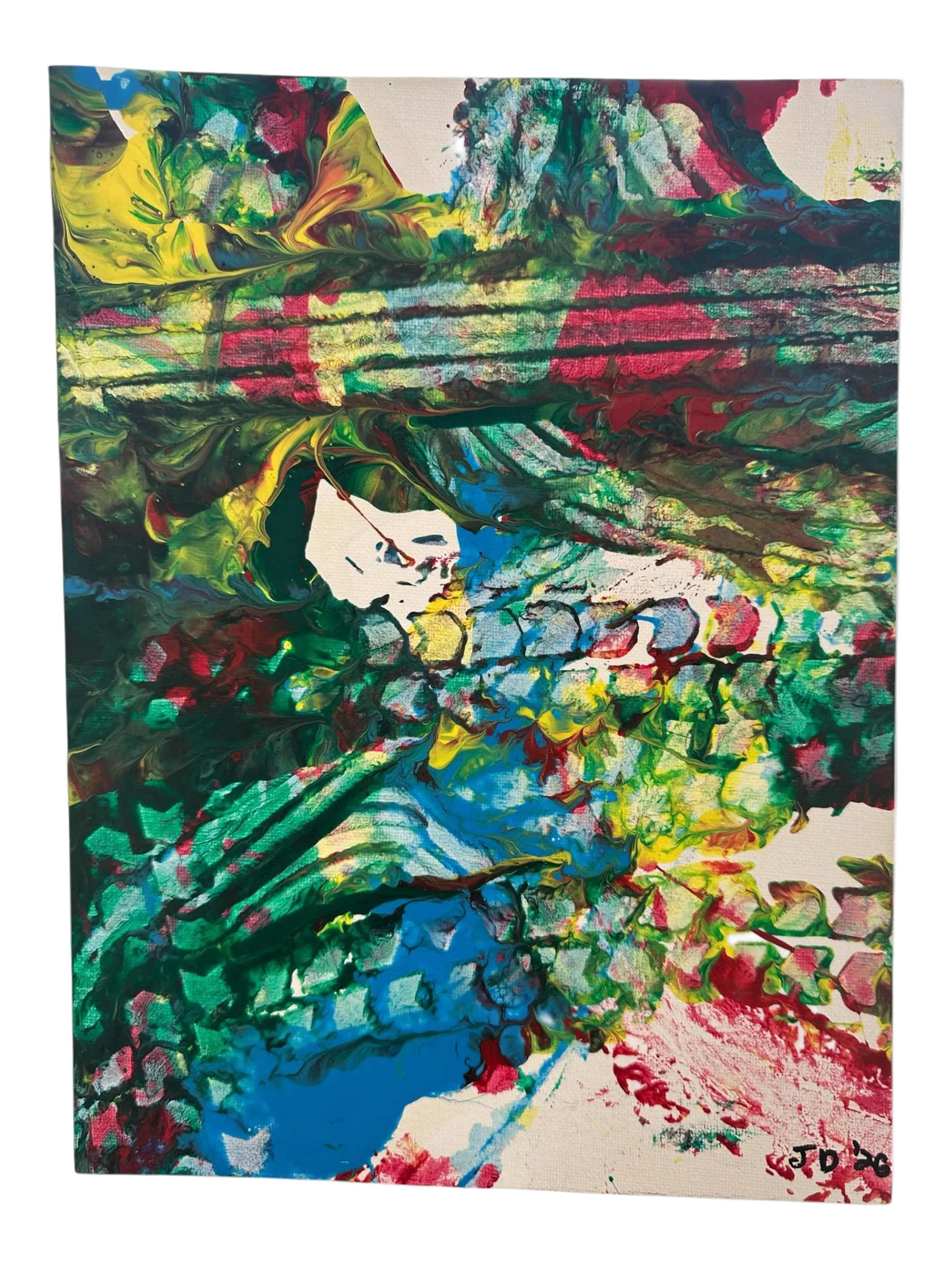 An abstract painting featuring a stylized face and flowing, expressive brushstrokes in green, blue, red, yellow, and white, with a visible artist signature in the lower right corner.