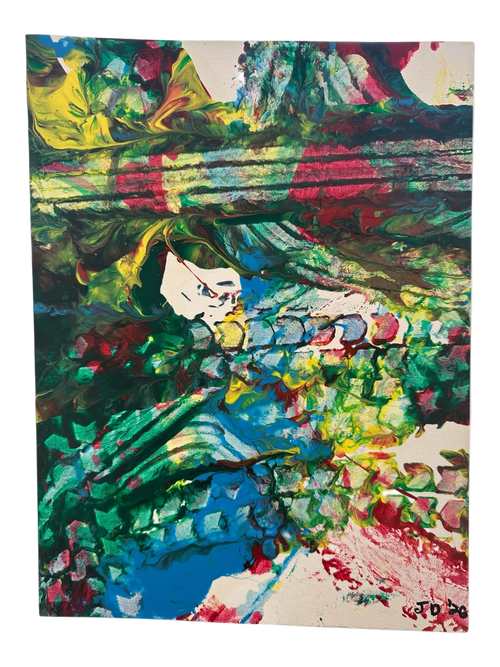 An abstract painting featuring a stylized face and flowing, expressive brushstrokes in green, blue, red, yellow, and white, with a visible artist signature in the lower right corner.