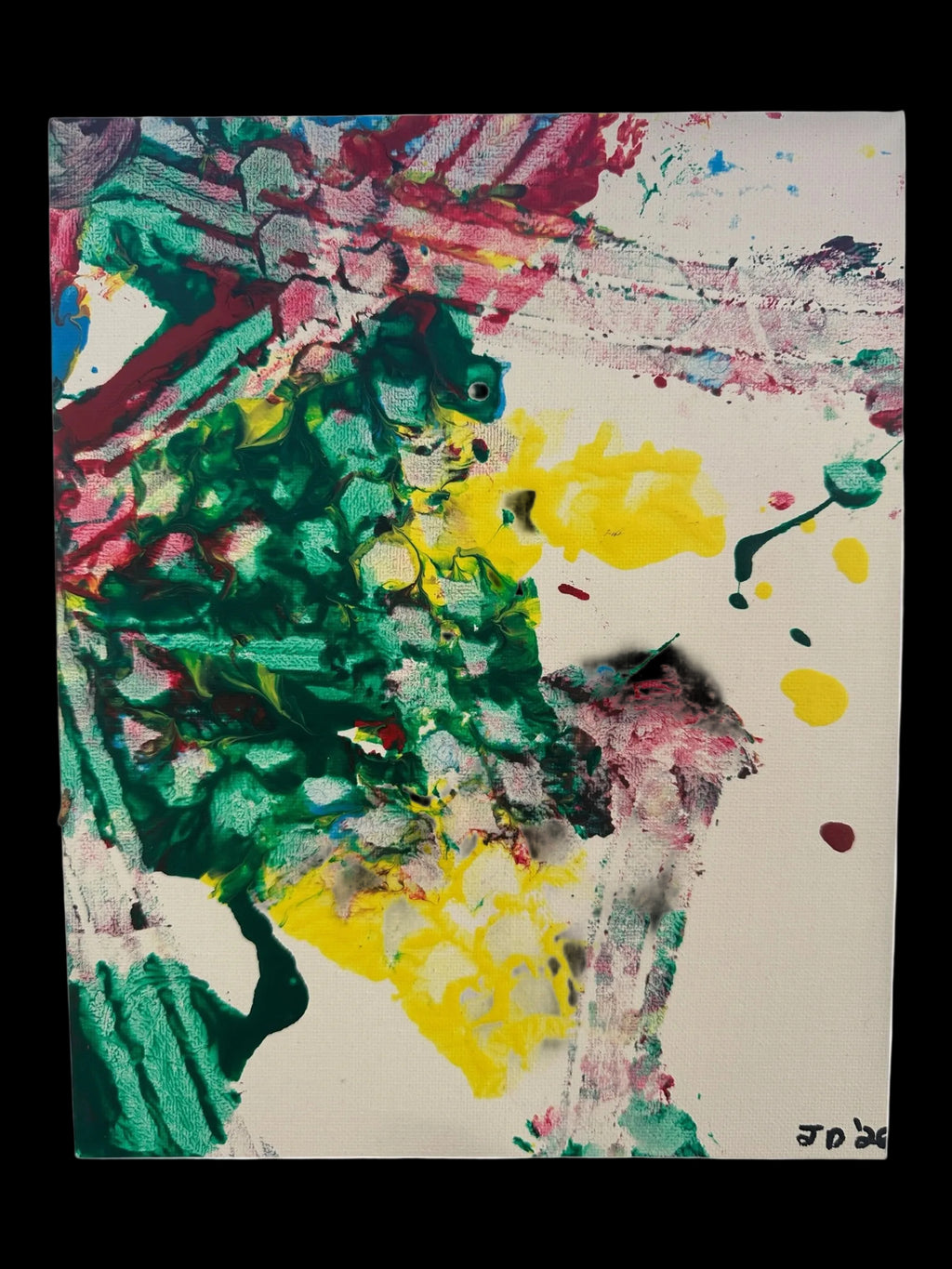 An abstract painting on canvas featuring expressive splatters and brushstrokes in green, yellow, pink, red, blue, and white on a cream background, with a small artist signature 'J.D.