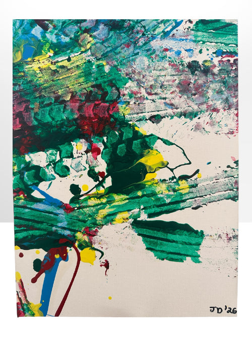 An abstract painting on a white canvas featuring expressive, textured brushstrokes and splatters in green, blue, yellow, red, and purple, with the artist's signature 'JD'26' in the bottom right corner.