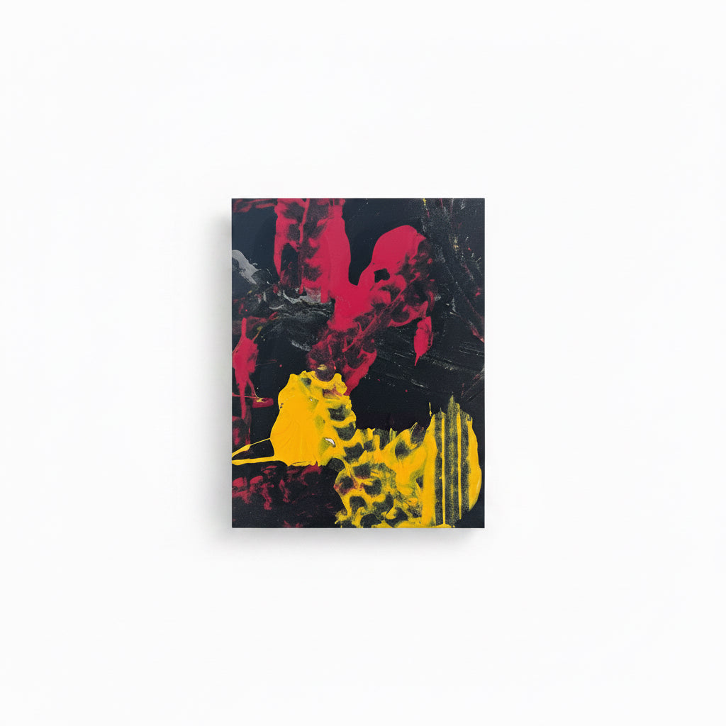 An abstract painting featuring bold, textured brushstrokes in vibrant magenta pink and bright yellow over a dark black background.