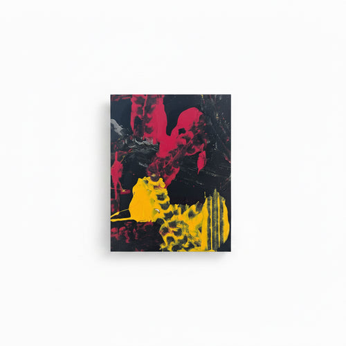 An abstract painting featuring bold, textured brushstrokes in vibrant magenta pink and bright yellow over a dark black background.