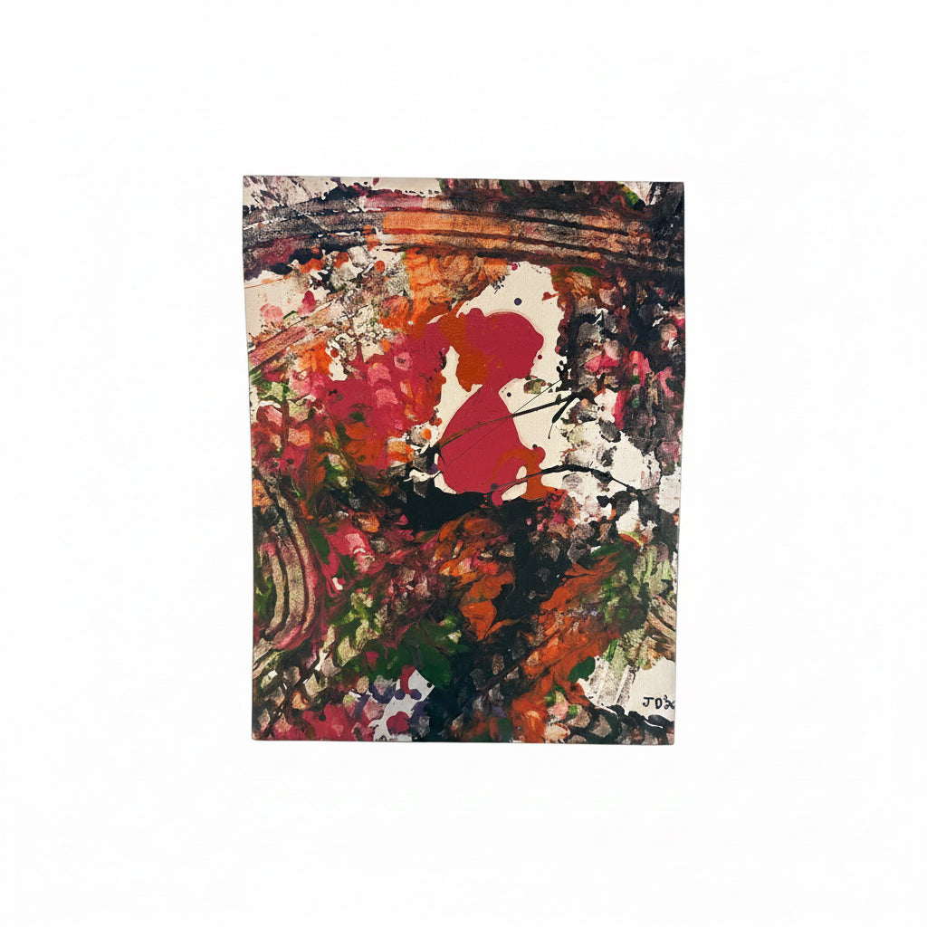 An abstract painting featuring a prominent red silhouette of a child sitting on branches, surrounded by expressive brushstrokes of orange, pink, green, black, and white.