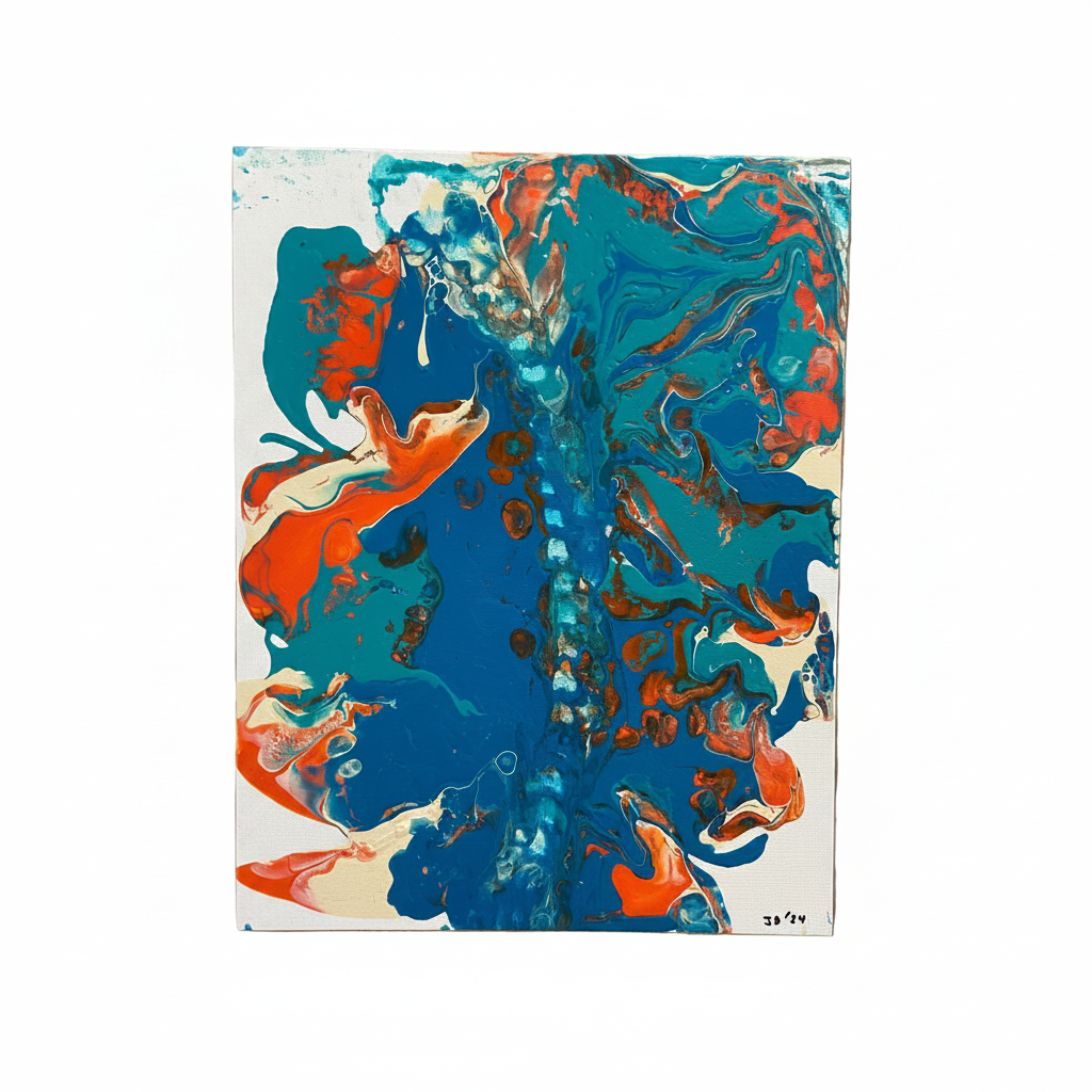 Abstract art print with blue, orange, and white colors on a wooden surface